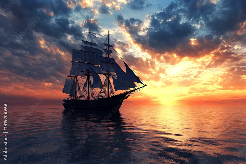Obraz premium Silhouette Of Sailing Ship On The Ocean During A Beautiful Sunset