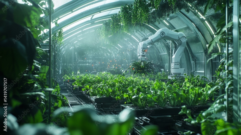 Automated greenhouse setting with precise robotic arms harvesting healthy vegetables, representing the future of smart agriculture and innovation Automated greenhouse setting with precise robotic arms harvesting healthy vegetables, representing the future of smart agriculture and innovation