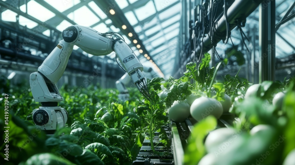 Futuristic farming in a greenhouse with robotic arms delicately picking vegetables, emphasizing precision technology and eco-friendly practices Futuristic farming in a greenhouse with robotic arms delicately picking vegetables, emphasizing precision technology and eco-friendly practices