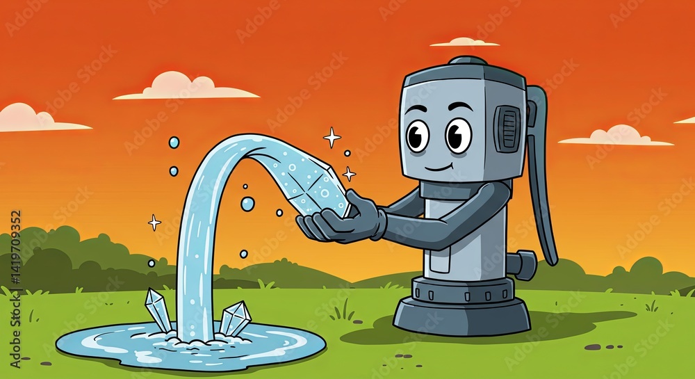 A cartoon character holding a hose and pouring water into a pond
