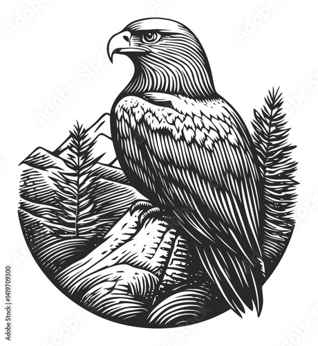 Detailed Engraving of a Majestic Hawk with Mountain Background