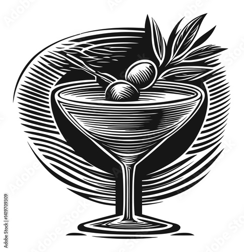 Elegant Engraving of Cocktail with Olives and Leaves Design