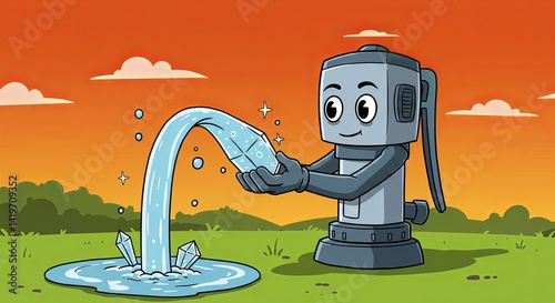 Obraz na płótnie A cartoon character holding a hose and pouring water into a pond w salonie