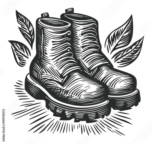 Rustic Engraving of Classic Boots Surrounded by Leaves and Light
