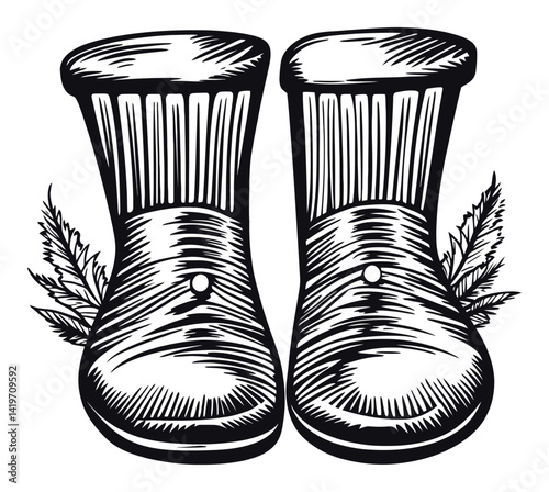 Vintage Engraving of Classic Boots with Leaf Accents Detail