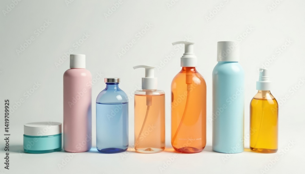 Set of various skincare bottles on white backdrop, advertising, minimal Set of various skincare bottles on white backdrop, advertising, minimal