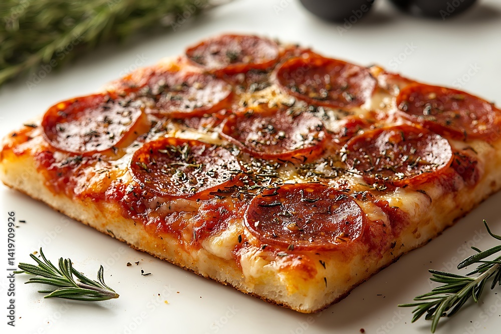 Square slice of delicious pepperoni pizza topped with fresh rosemary Square slice of delicious pepperoni pizza topped with fresh rosemary