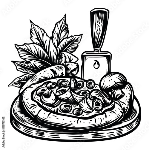 Vintage Engraving of Delicious Pizza with Fresh Ingredients