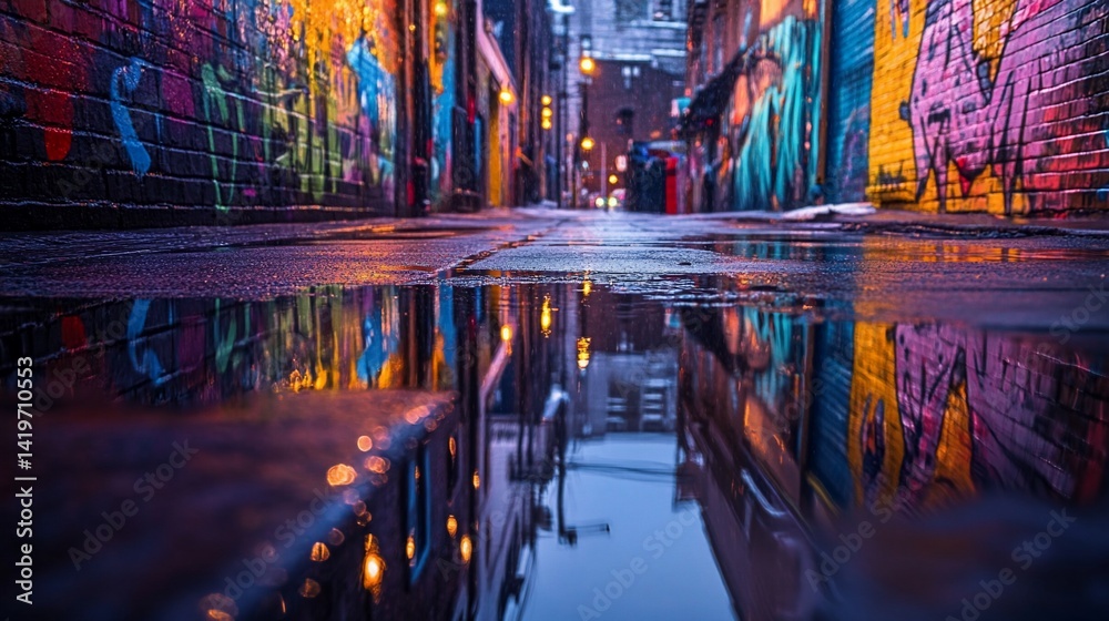 Fototapeta premium Urban alleyway art reflecting in rain puddles creating distorted beauty