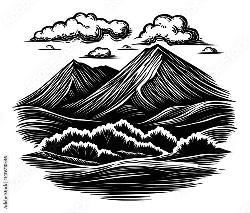 Black and White Mountain Engraving with Clouds and Landscape Elements