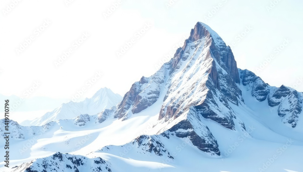 Fototapeta premium Snow-covered mountain peak against a stark white sky, clean, pure, scenic