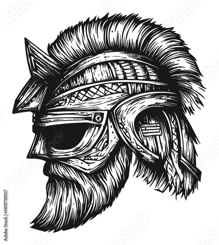 Detailed Engraving of a Warrior Helmet with Mohawk Style Hair