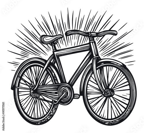 Vintage Bicycle Engraving with Radiant Lines in Black and White
