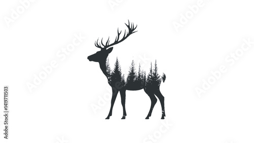 This image is a vector image of a stylized silhouette of a deer. The deer's body is composed using a double exposure effect.