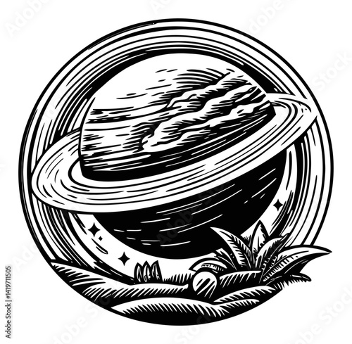 Engraved Illustration of a Planetary Scene with Saturn and Landscape