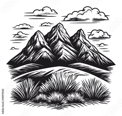 Black and White Engraving of Mountains and Clouds in Nature Scene