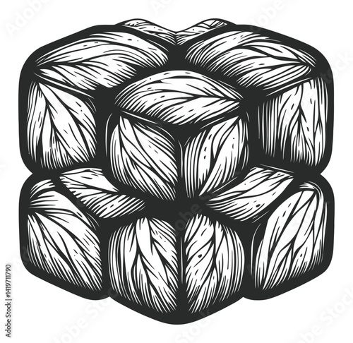 Detailed Engraving of Stylized Leaves and Cubes in Black and White