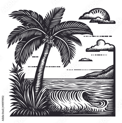 Detailed Engraving of Tropical Palm Tree by Ocean Shoreline