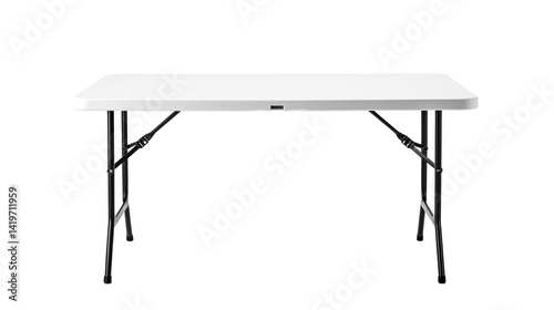 A white folding table with black legs on a black background