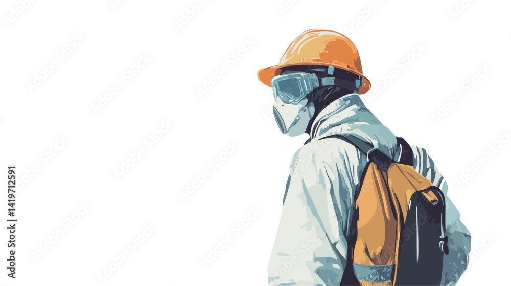 A stylized vector illustration of a construction worker from behind, wearing an orange hard hat, safety glasses and a breathing mask, carrying a yellow backpack. A stylized vector illustration of a construction worker from behind, wearing an orange hard hat, safety glasses and a breathing mask, carrying a yellow backpack.