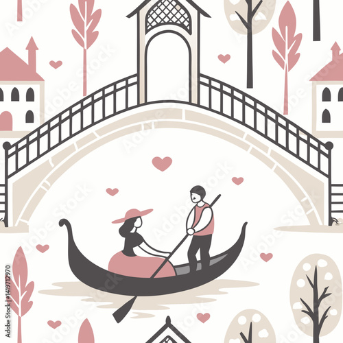 Seamless vector pattern showcasing romantic couple on gondola  