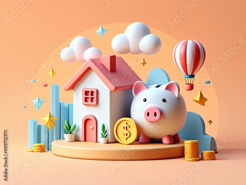 Saving for a House Piggy Bank, Home, and Financial Growth Illustration
