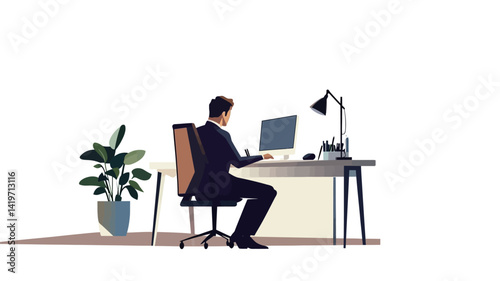 The vector illustration depicts a businessman sitting at a minimalist desk with his back to the viewer. The color scheme is muted, with the characters and furniture dominated by dark blue and brown.