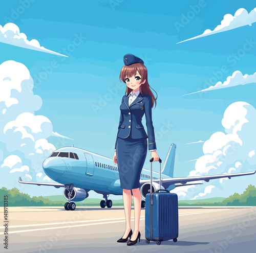 Anime air hostess illustration travel concept beautiful stewardess with airplane cartoon style for travel blog