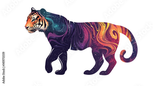 This digital illustration depicts a tiger in profile in a vibrant abstract style. The tiger's form is clearly visible, while its fur is a vibrant blend of swirling, iridescent colors.