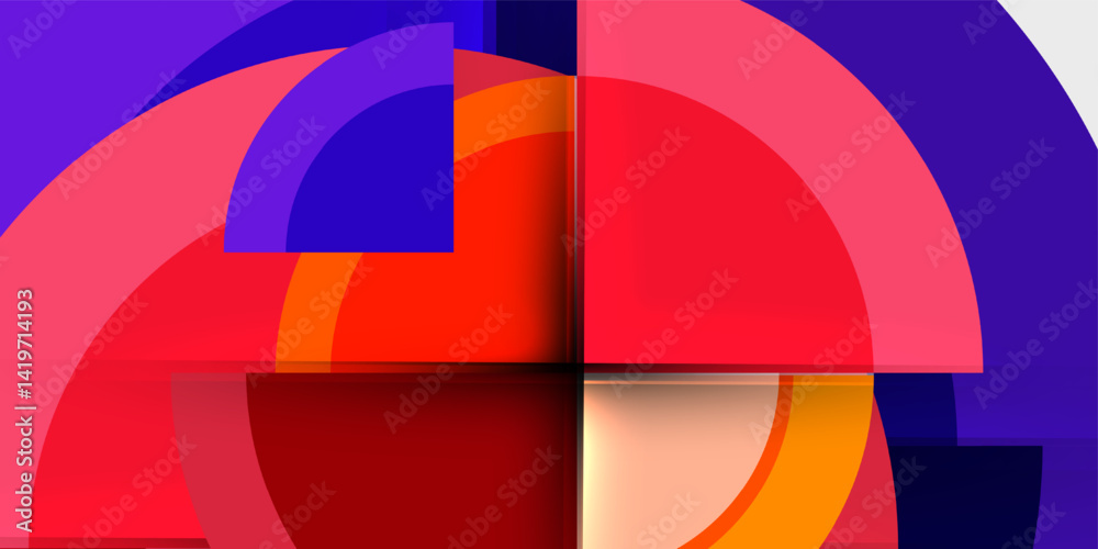 Abstract composition. Overlapping curves, rectangles create vibrant, dynamic visual experience. Bold colors dominate design.