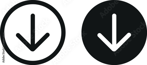 Black and white circle icons with downward arrows showing simple download or direction concept	