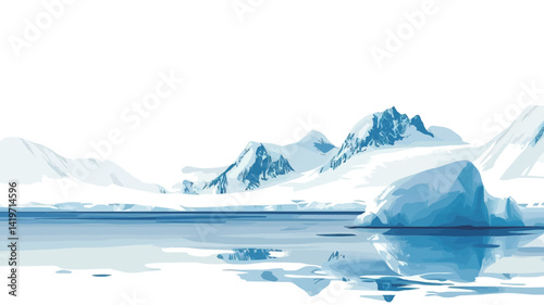 This artwork presents a digital painting or rendering of an arctic landscape. The color palette is dominated by cool tones, with various shades of blue and white. The composition is serene.