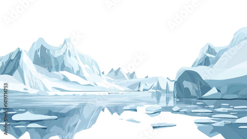 digital illustration of a minimalist glacial landscape. The image is in a low-poly, or polygonal, art style, which features simple geometric shapes representing icebergs.