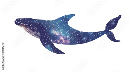 A digitally rendered illustration shows a stylized humpback whale, its body filled with nebula-like swirling patterns reminiscent of a cosmic galaxy. The whale's outline is clearly visible.