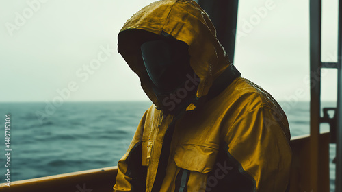 A male offshore worker inspecting safety gear on the platform. Featuring attention to detail and safety awareness