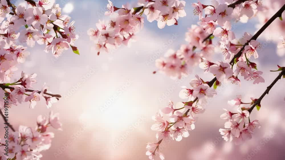 Blooming cherry blossom branches against a soft blue and pink bokeh sky, spring flowers, delicate pink petals, dreamy floral background Blooming cherry blossom branches against a soft blue and pink bokeh sky, spring flowers, delicate pink petals, dreamy floral background