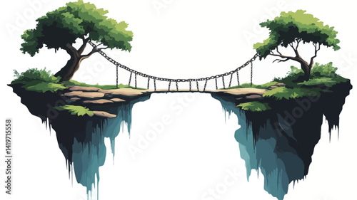 This digital painting depicts two lush floating islands separated by a chasm connected by a simple rope suspension bridge. The islands are rendered in a painterly style, showcasing vibrant greens.