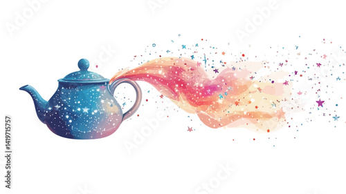 A digital watercolor depicts a blue teapot with a subtle gradient effect and tiny light blue dots. A vibrant swirling stream of water emanates from the spout of the teapot.
