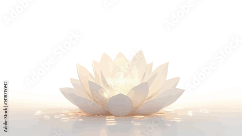 A meticulously rendered macro close-up of a white lotus flower, with a soft, ethereal glow emanating from its center. The petals have a subtle, almost translucent quality.