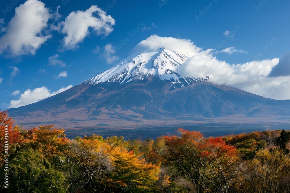Fototapeta premium Snow Capped Mountain Under Blue Sky with Colorful Autumn Foliage