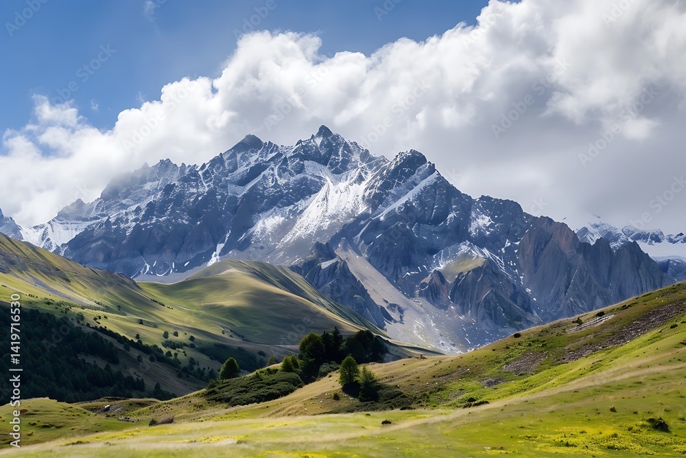 Snow Capped Rocky Mountain Range Under Partly Cloudy Sky on a Sunny Day Snow Capped Rocky Mountain Range Under Partly Cloudy Sky on a Sunny Day