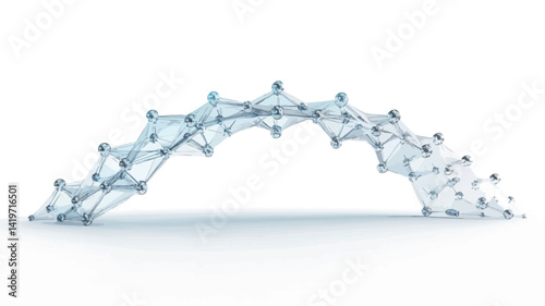 This diagram presents a 3D rendering of an abstract network connection, visualizing a bridge-like structure consisting of numerous interconnected nodes.
