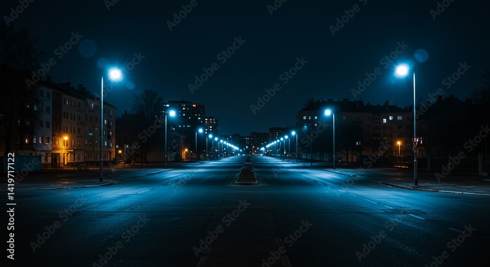 Fototapeta premium A city street at night with a blue sky