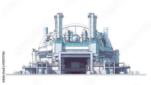 stylized vector illustration of a large industrial complex set against a pure white background. The rendering shows a detailed front view using .