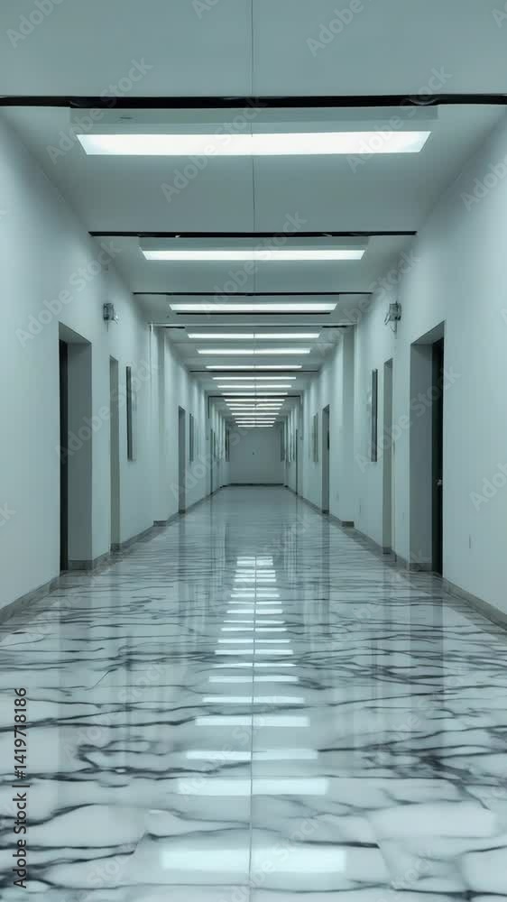 A long, white, empty, modern hallway with marble flooring and fluorescent lighting creates a sense of minimalism and repetition.