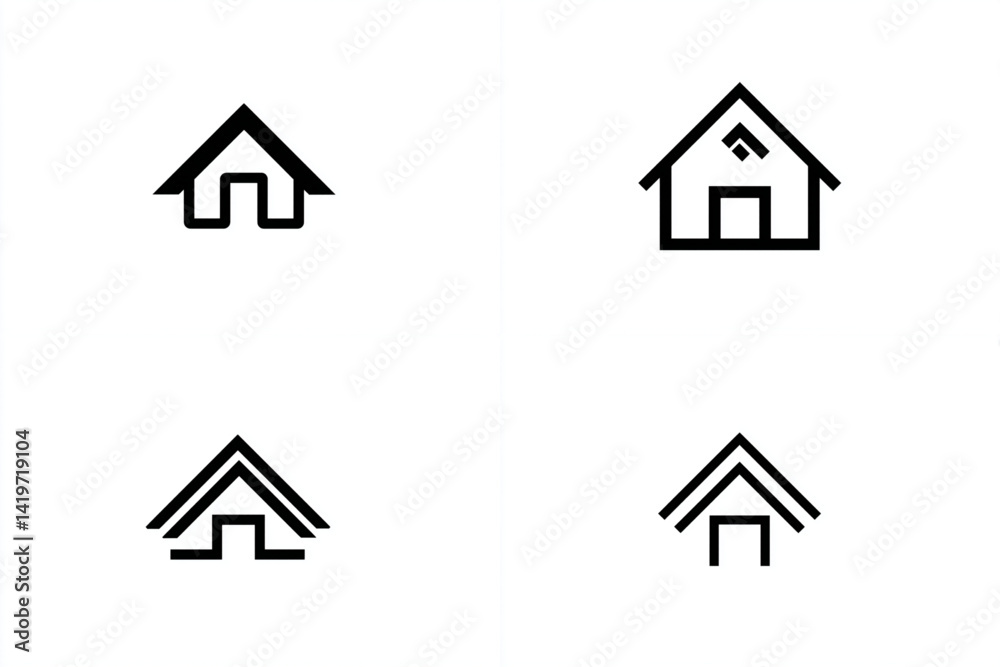 Four minimalist house icons arranged on a white background in a square format Four minimalist house icons arranged on a white background in a square format
