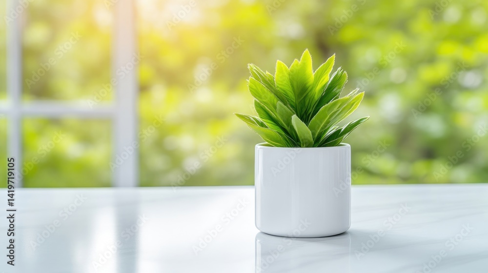 Small potted plant on a table by a window Small potted plant on a table by a window