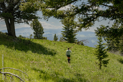Obraz na płótnie Woman Crosses Meadow on Thin Trail in Yellowstone w salonie