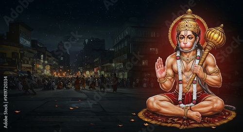 Hanuman's divine presence over bustling indian cityscape illustration