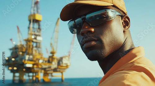 A male offshore worker performing a visual inspection of rig equipment. Featuring mechanical expertise and focus